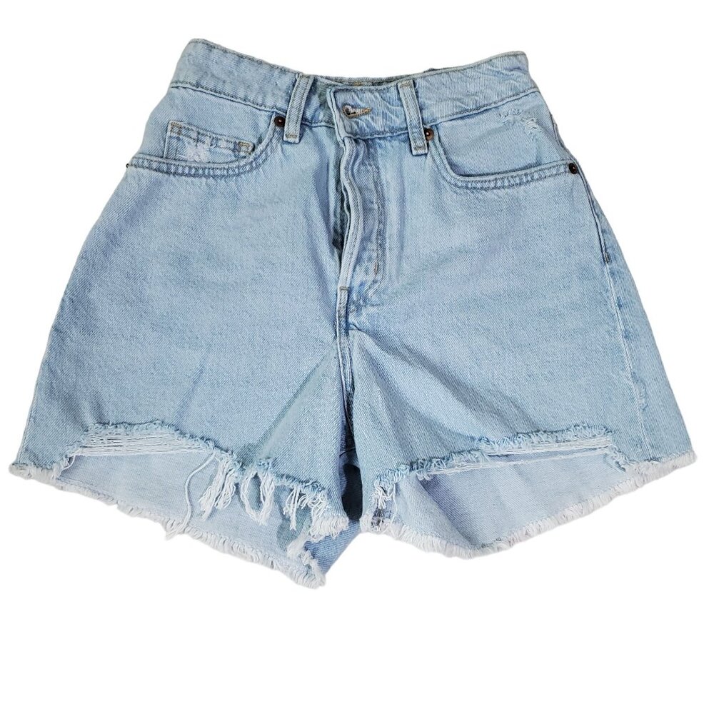 H&M Denim Shorts Size 2 Light blue rawcut hem high-waisted Distressed 5 pockets
